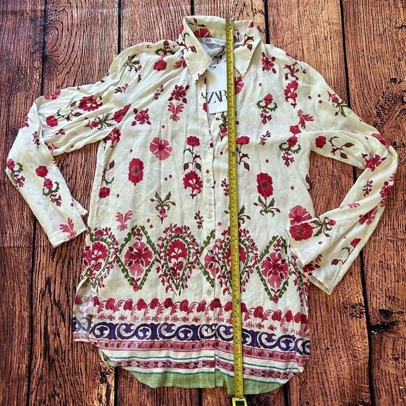 ZARA Women Floral Print Button Down Long Sleeve Shirt Cream Pink Green Size S - Picture 8 of 11
